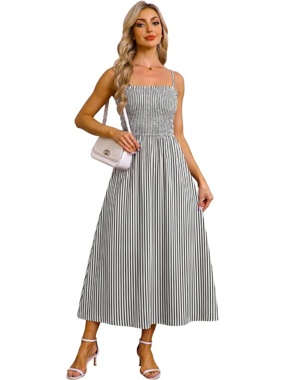 〽️Womens Black Striped Spaghetti Strap Smocked Casual Boho Beach Long Maxi Dress